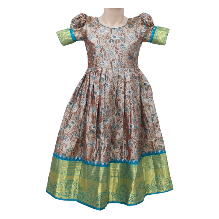 Teal &amp; Gold Art Silk Floral Brocade Stitched Saree Dress