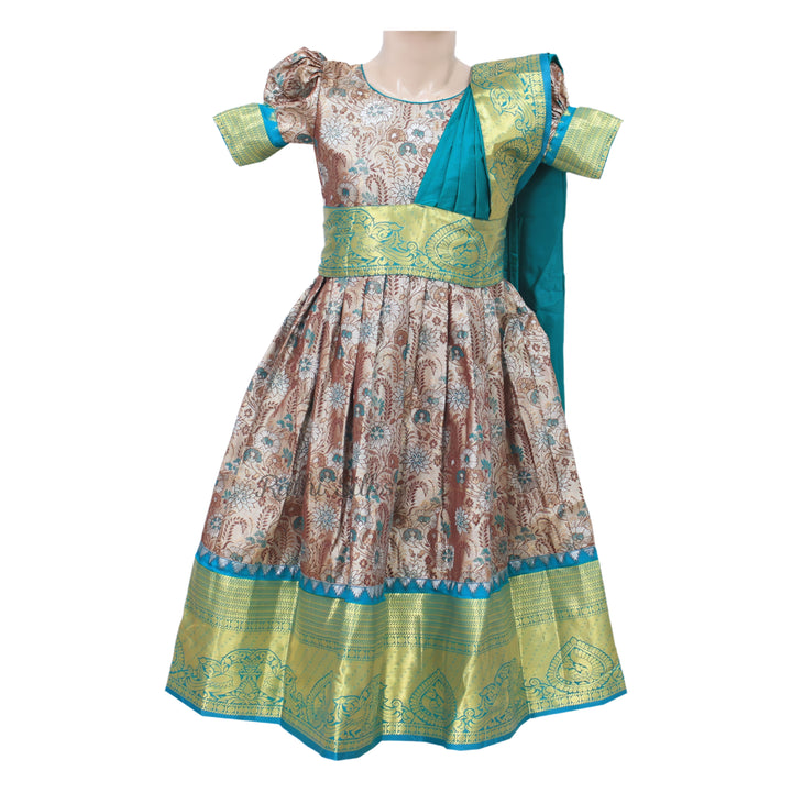 Teal &amp; Gold Art Silk Floral Brocade Stitched Saree Dress