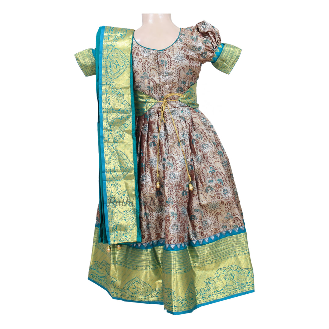 Teal &amp; Gold Art Silk Floral Brocade Stitched Saree Dress