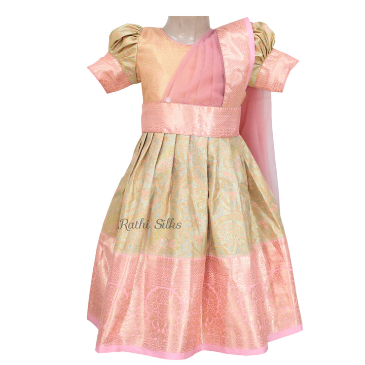 Blush Pink &amp; Gold Art Silk Brocade Stitched Saree Dress with Net Pallu
