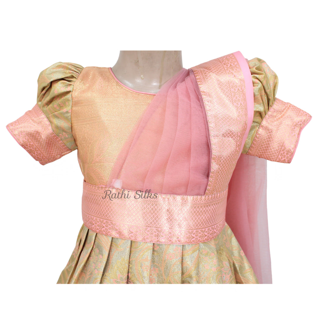 Blush Pink &amp; Gold Art Silk Brocade Stitched Saree Dress with Net Pallu