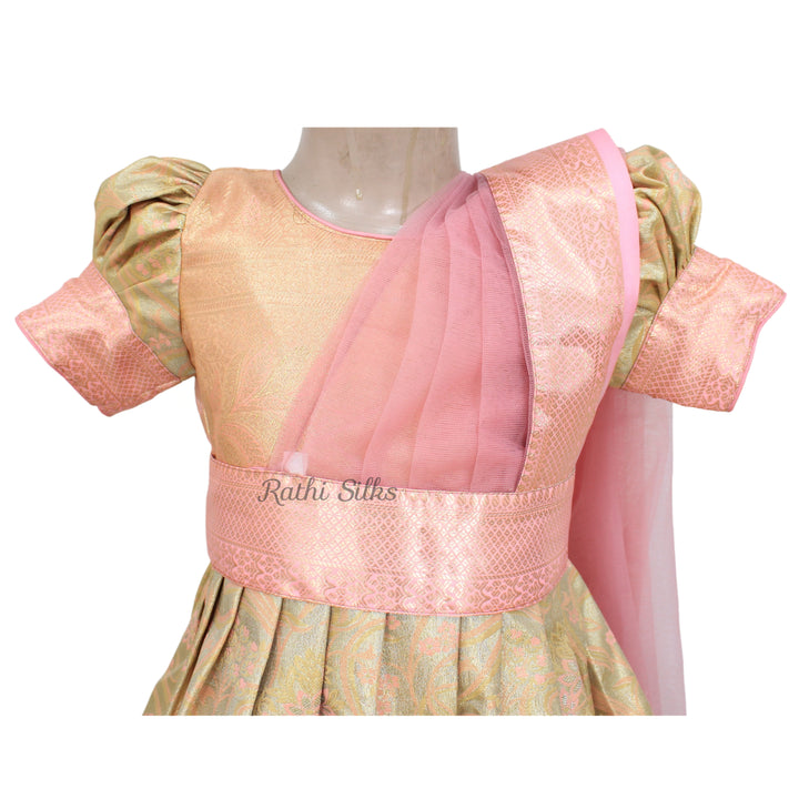 Blush Pink &amp; Gold Art Silk Brocade Stitched Saree Dress with Net Pallu