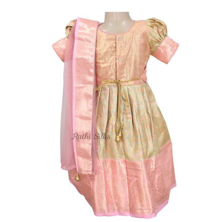 Blush Pink &amp; Gold Art Silk Brocade Stitched Saree Dress with Net Pallu