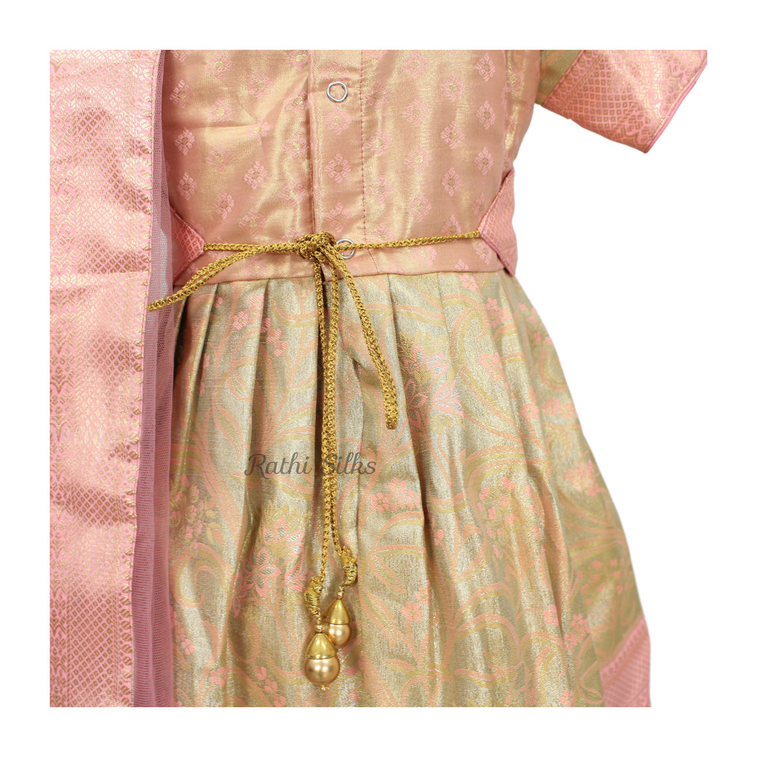 Blush Pink &amp; Gold Art Silk Brocade Stitched Saree Dress with Net Pallu