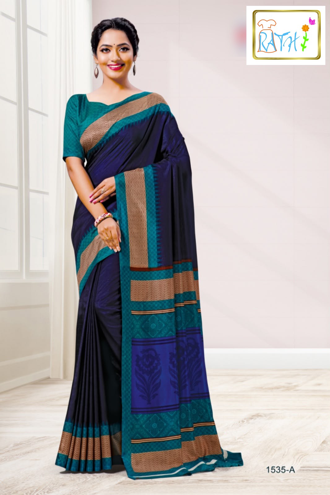 Lavanya — ink navy uniform saree with teal gold border, Rathi Silks