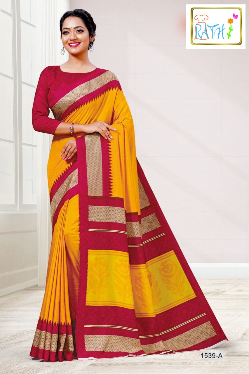 Keerthana — golden yellow uniform saree with pink red border, Rathi Silks