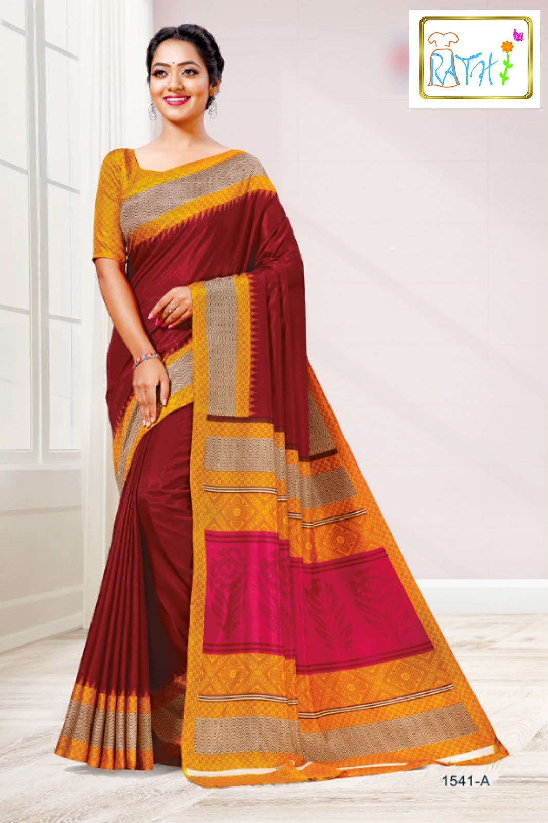 Jaanaki — maroon uniform saree with mustard gold border, Rathi Silks