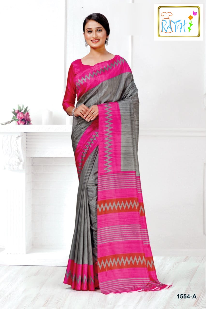 Sudha — grey uniform saree with pink border, Rathi Silks