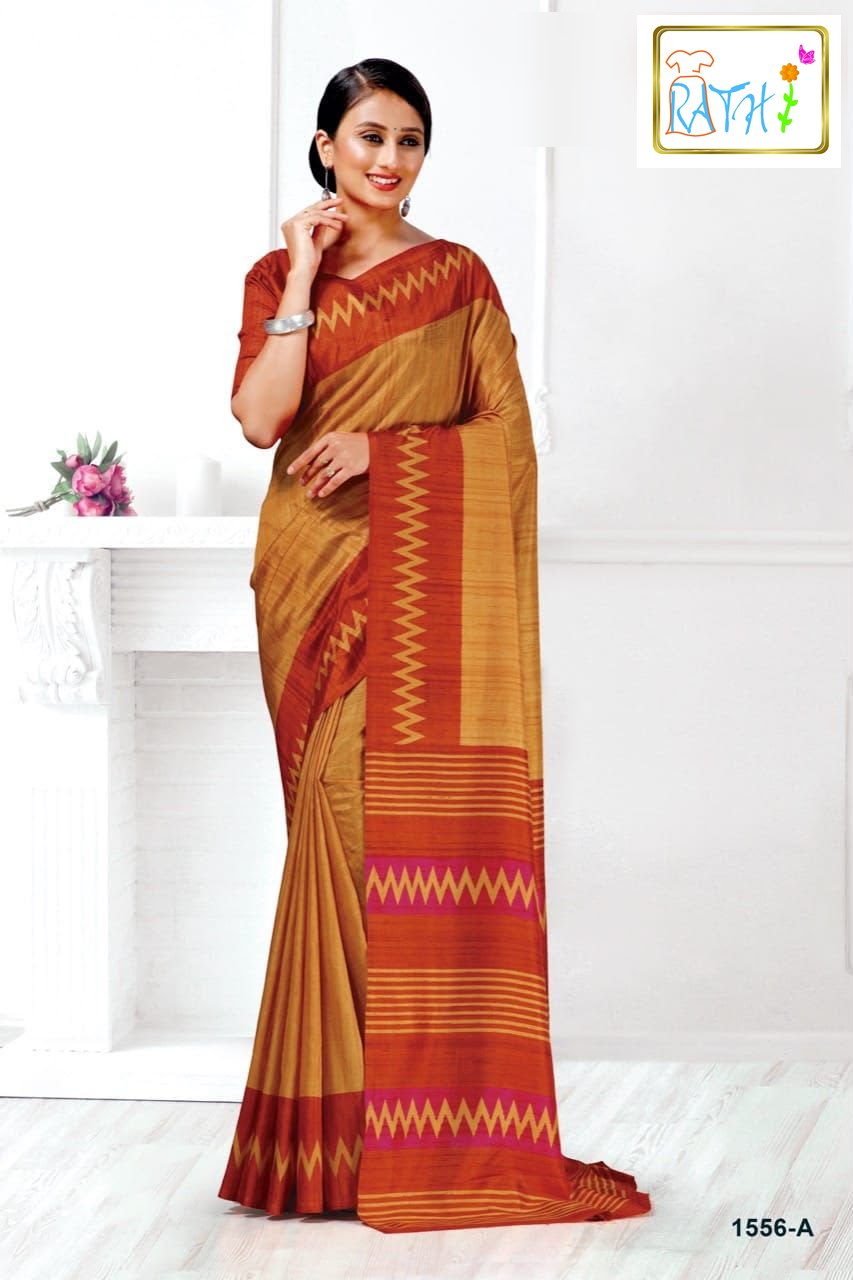 Ponni — camel ochre uniform saree with rust border, Rathi Silks