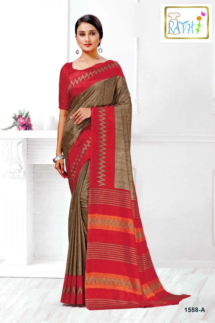 Vaidehi — khaki brown uniform saree with red zigzag border, Rathi Silks