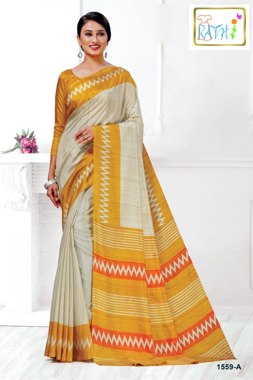 Venba — cream uniform saree with mustard zigzag border, Rathi Silks