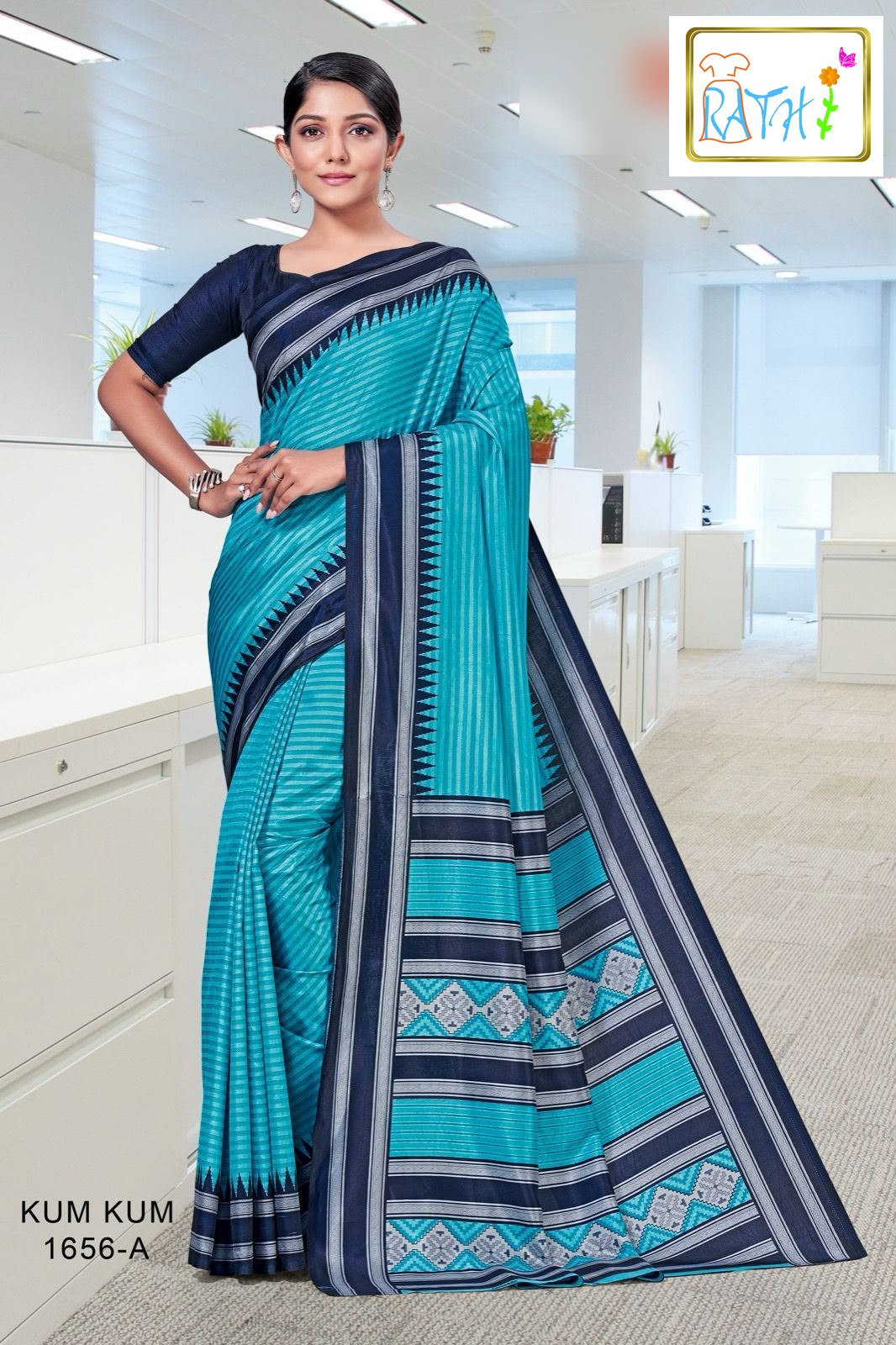 Anagha — turquoise uniform saree with navy border, Rathi Silks