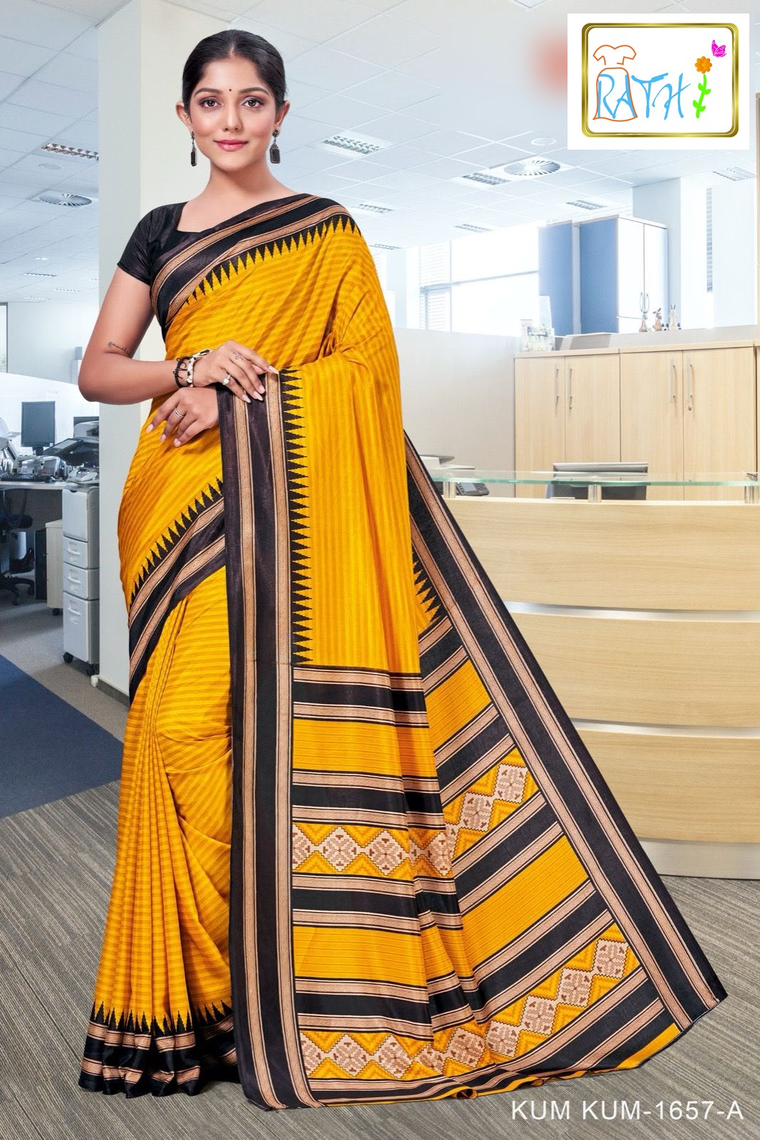 Swarnamala — golden mustard uniform saree with black temple border, Rathi Silks
