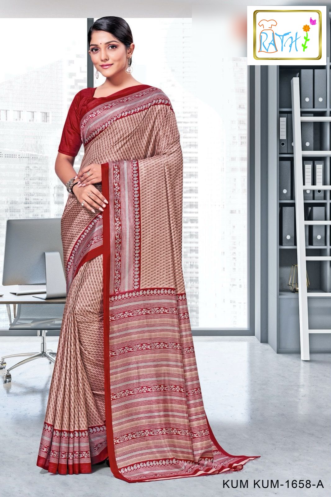 Tamarai — dusty rose uniform saree with red border, Rathi Silks