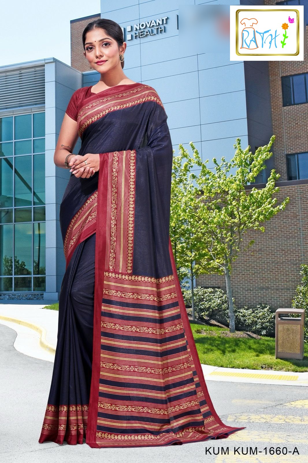 Madhavi — deep navy uniform saree with maroon gold border, Rathi Silks