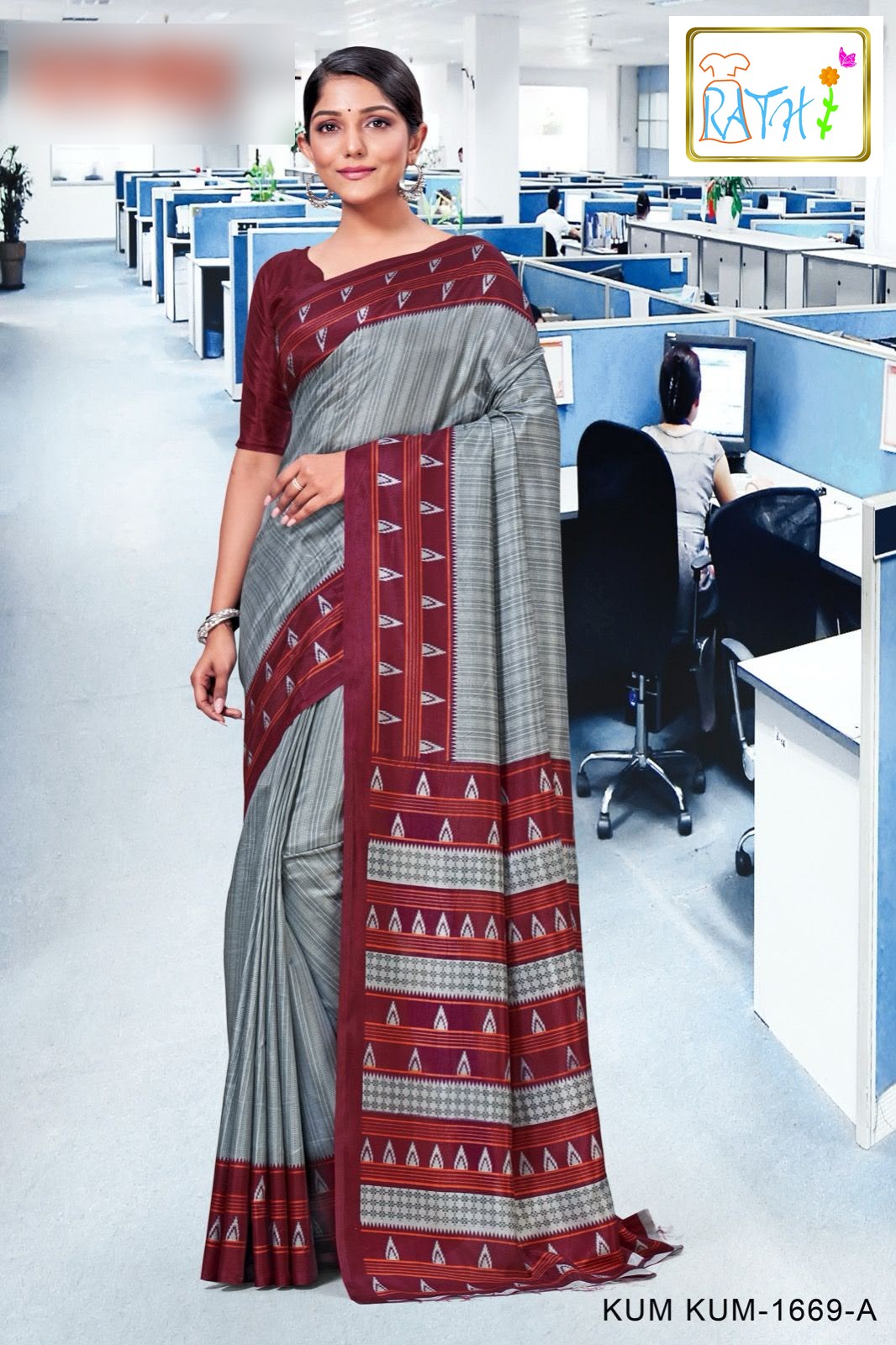 Mandakini — grey uniform saree with maroon border, Rathi Silks