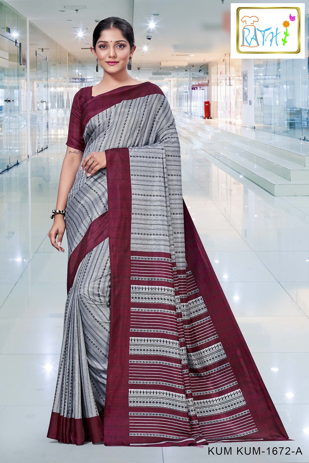 Rathi Silks — Shailaja uniform saree, grey stripes with maroon