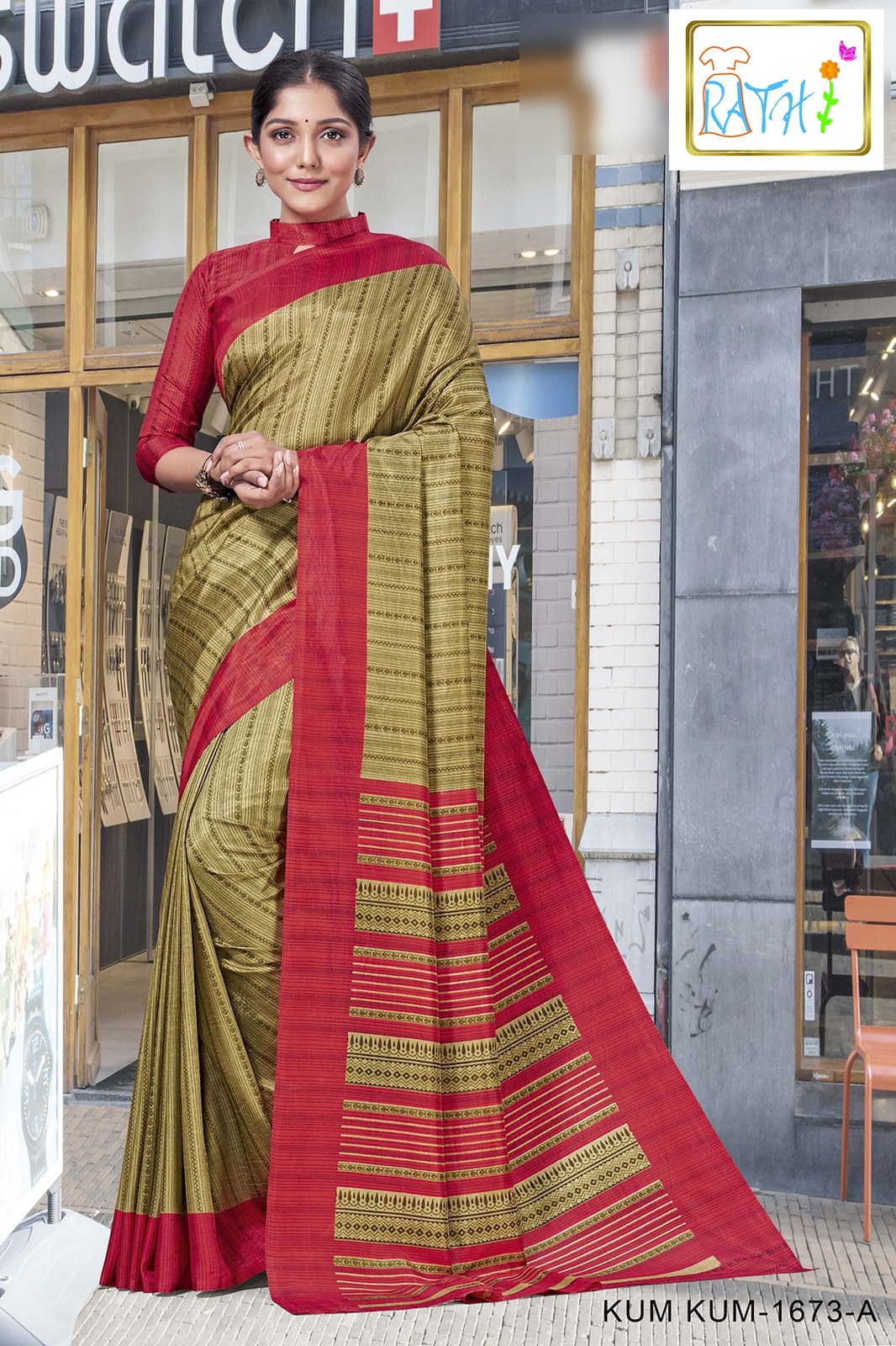 Rathi Silks — Mallika uniform saree, olive mehendi with red