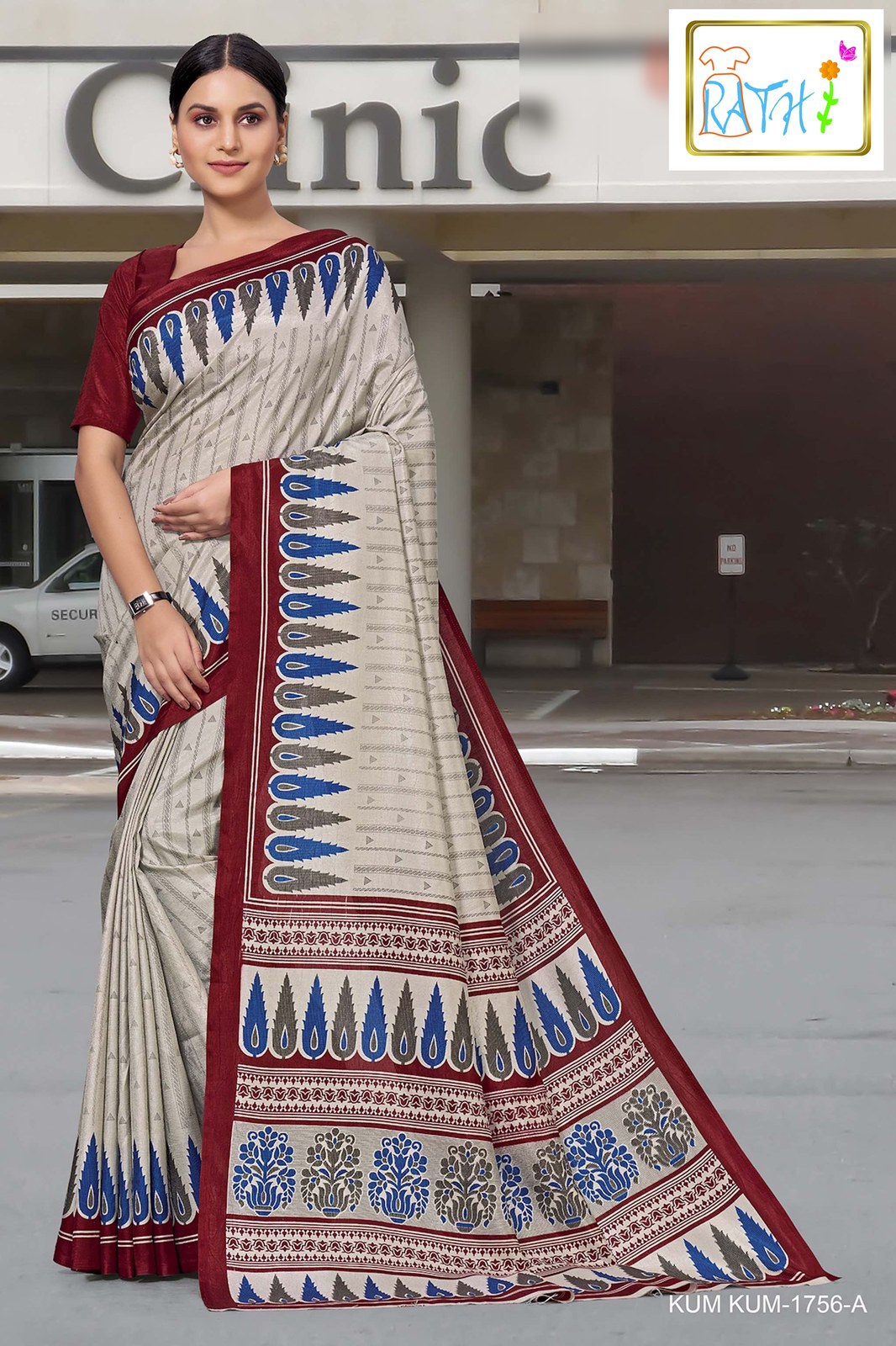 Rathi Silks — Nithya uniform saree, stone grey with leaf motifs