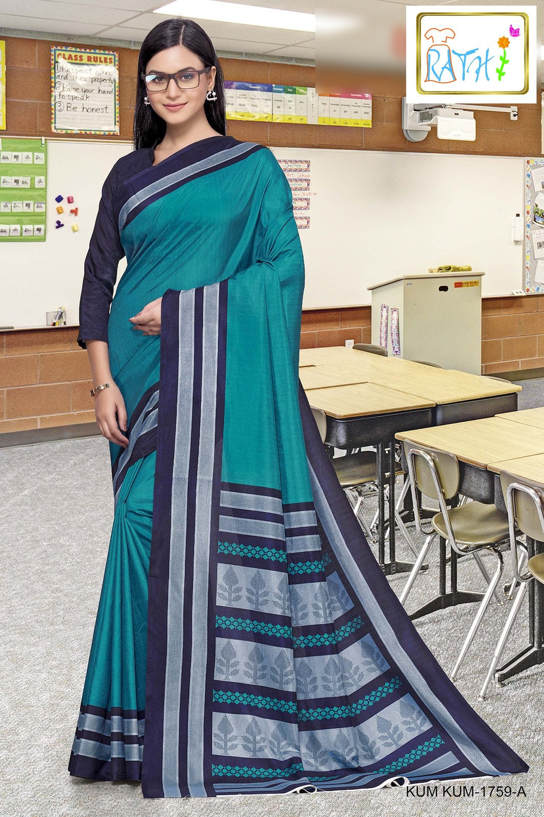 Rathi Silks — Ilakkiya uniform saree, teal with striped pallu