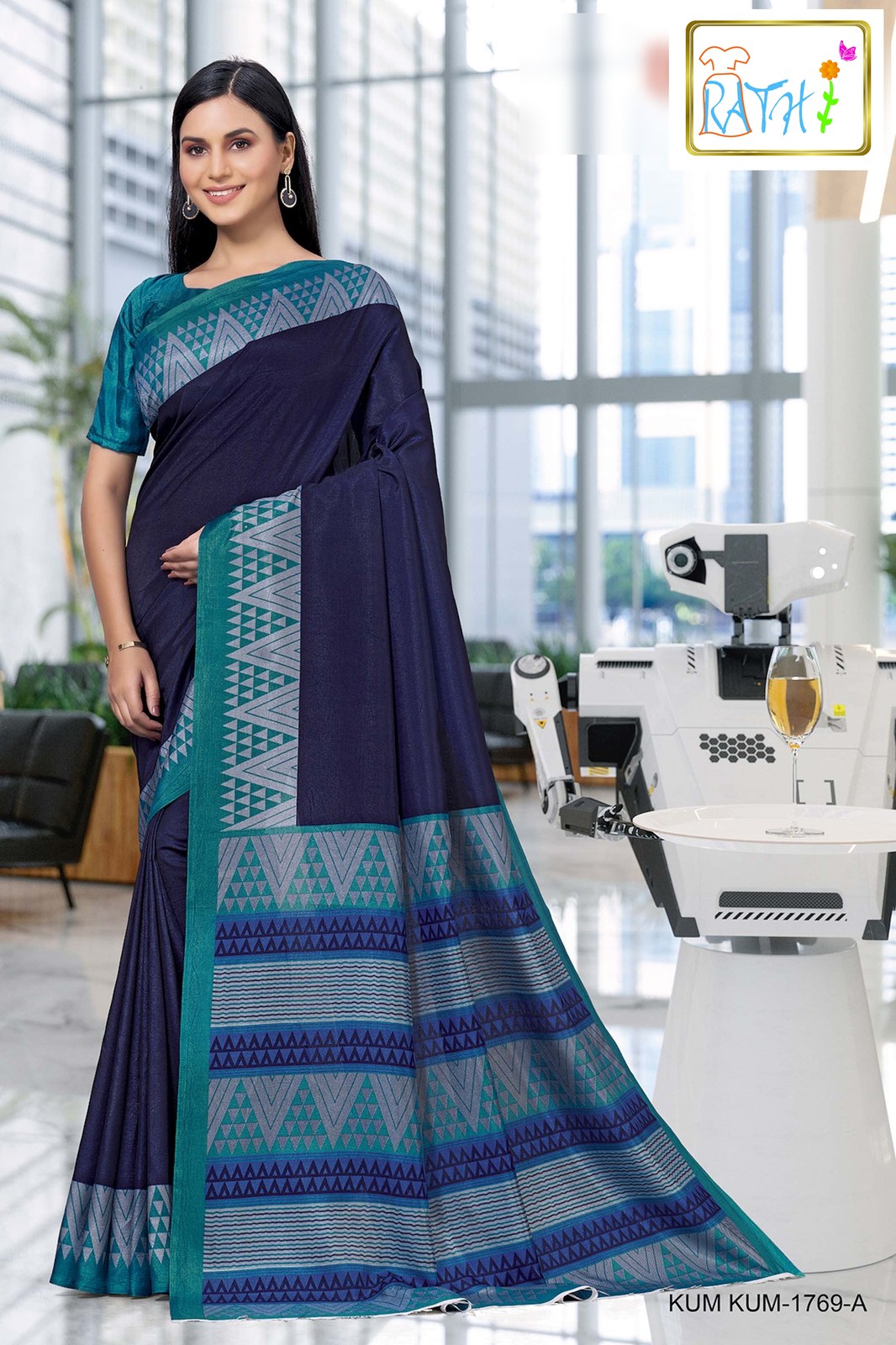 Rathi Silks — Anaisha uniform saree, navy with teal and silver