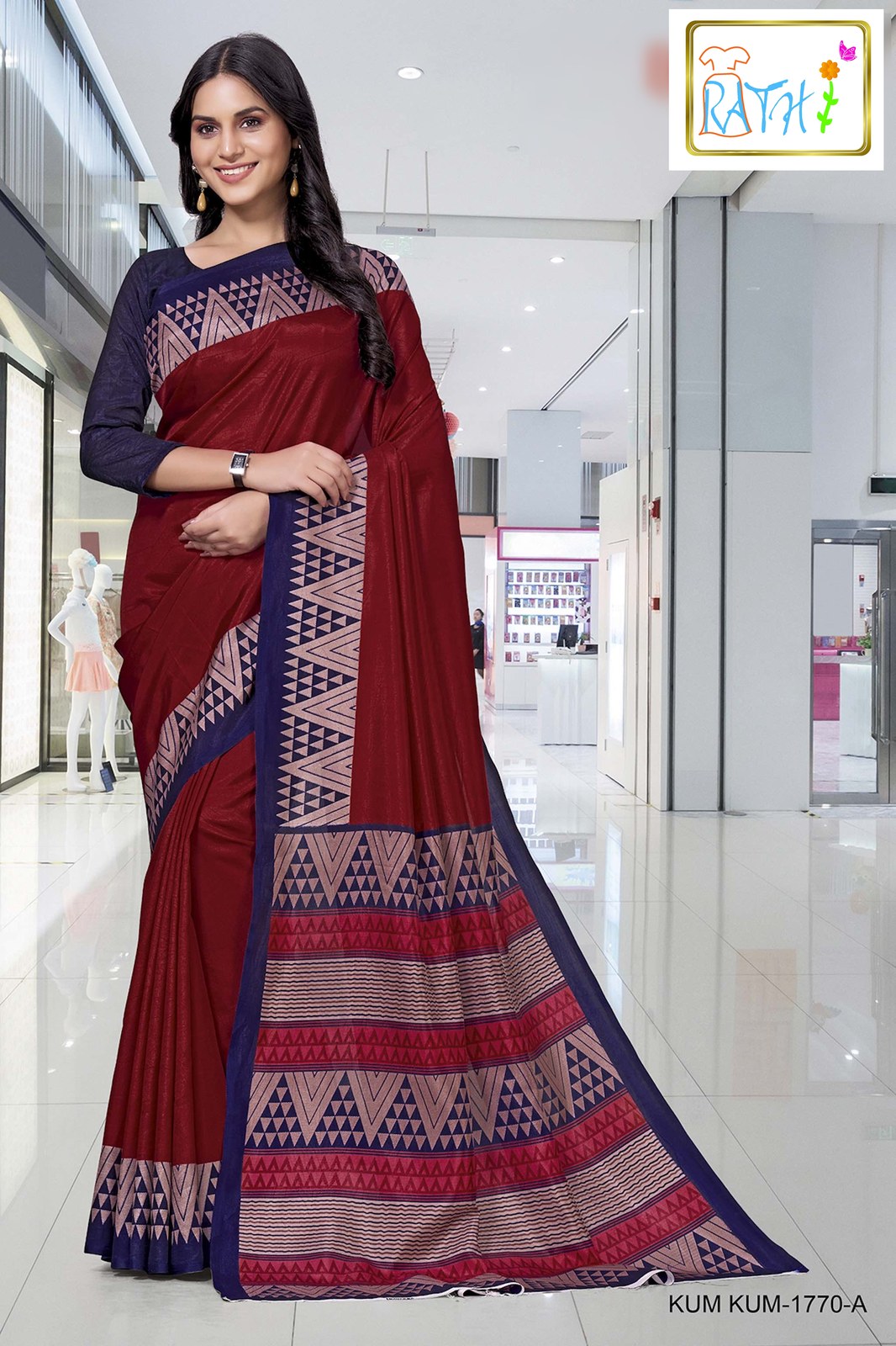 Rathi Silks — Parvathi uniform saree, deep red with navy pallu