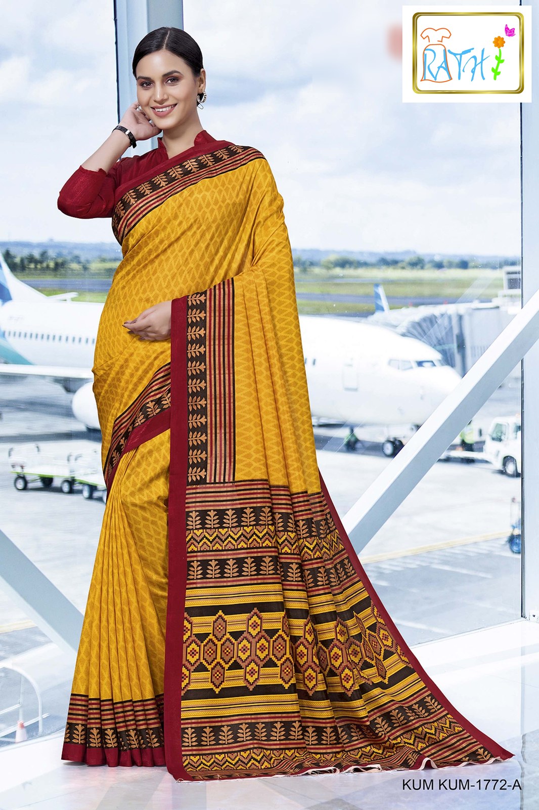 Rathi Silks — Poornima uniform saree, golden yellow with maroon