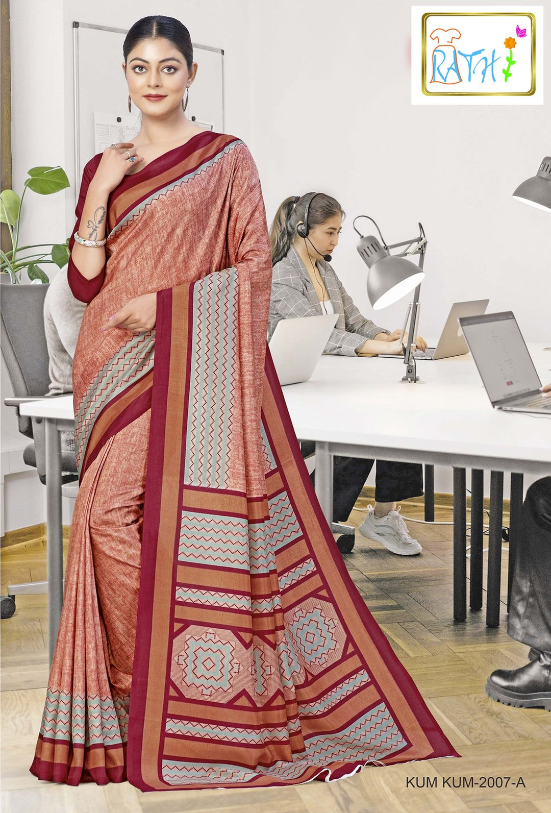 Rathi Silks — Pavalam uniform saree, coral