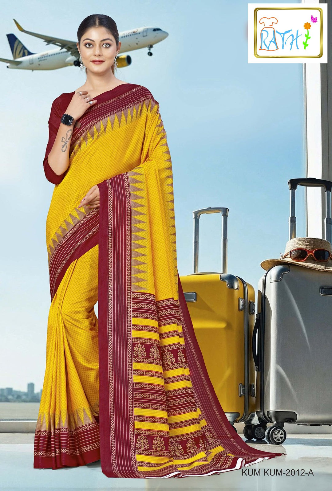 Rathi Silks — Shreya uniform saree, golden yellow with temple border