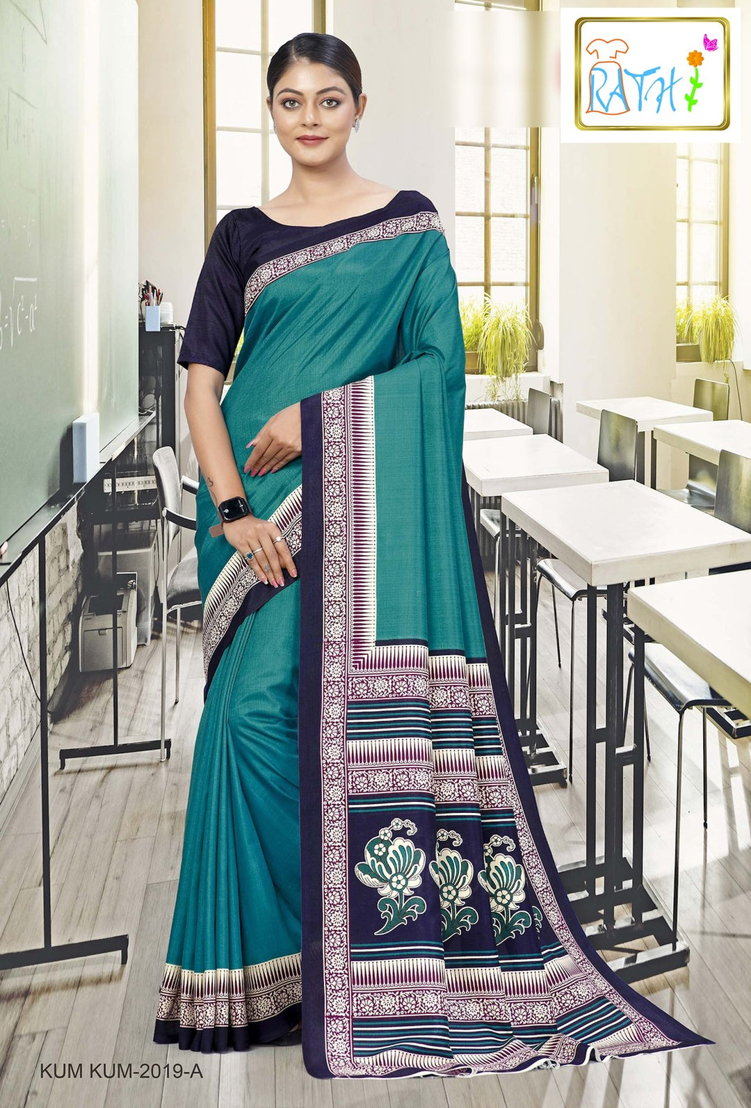 Rathi Silks — Kaveri uniform saree, teal with floral pallu