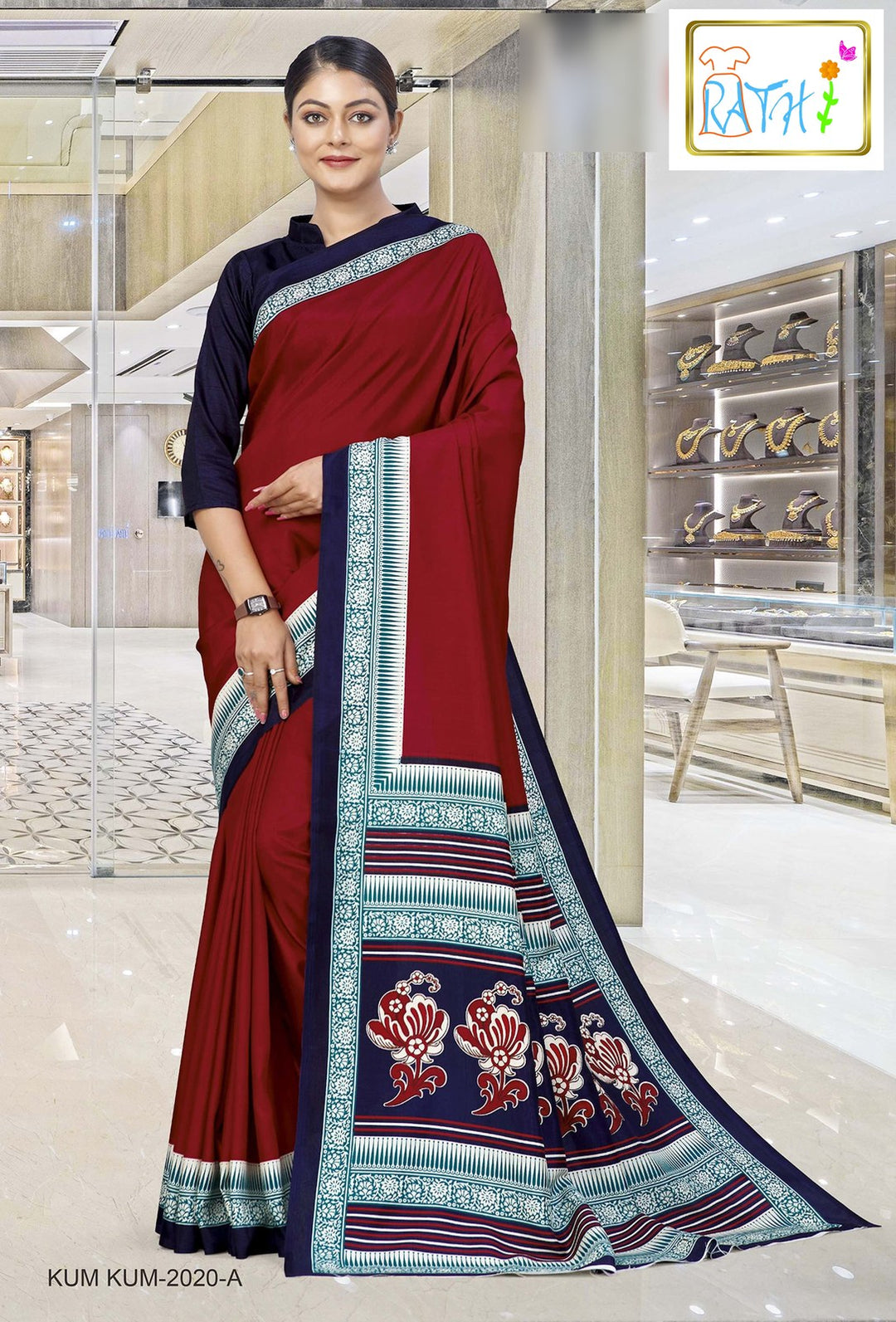 Rathi Silks — Devasena uniform saree, crimson with floral pallu