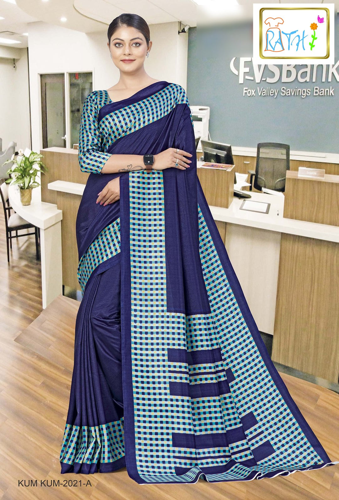 Rathi Silks — Yamini uniform saree, navy with check border