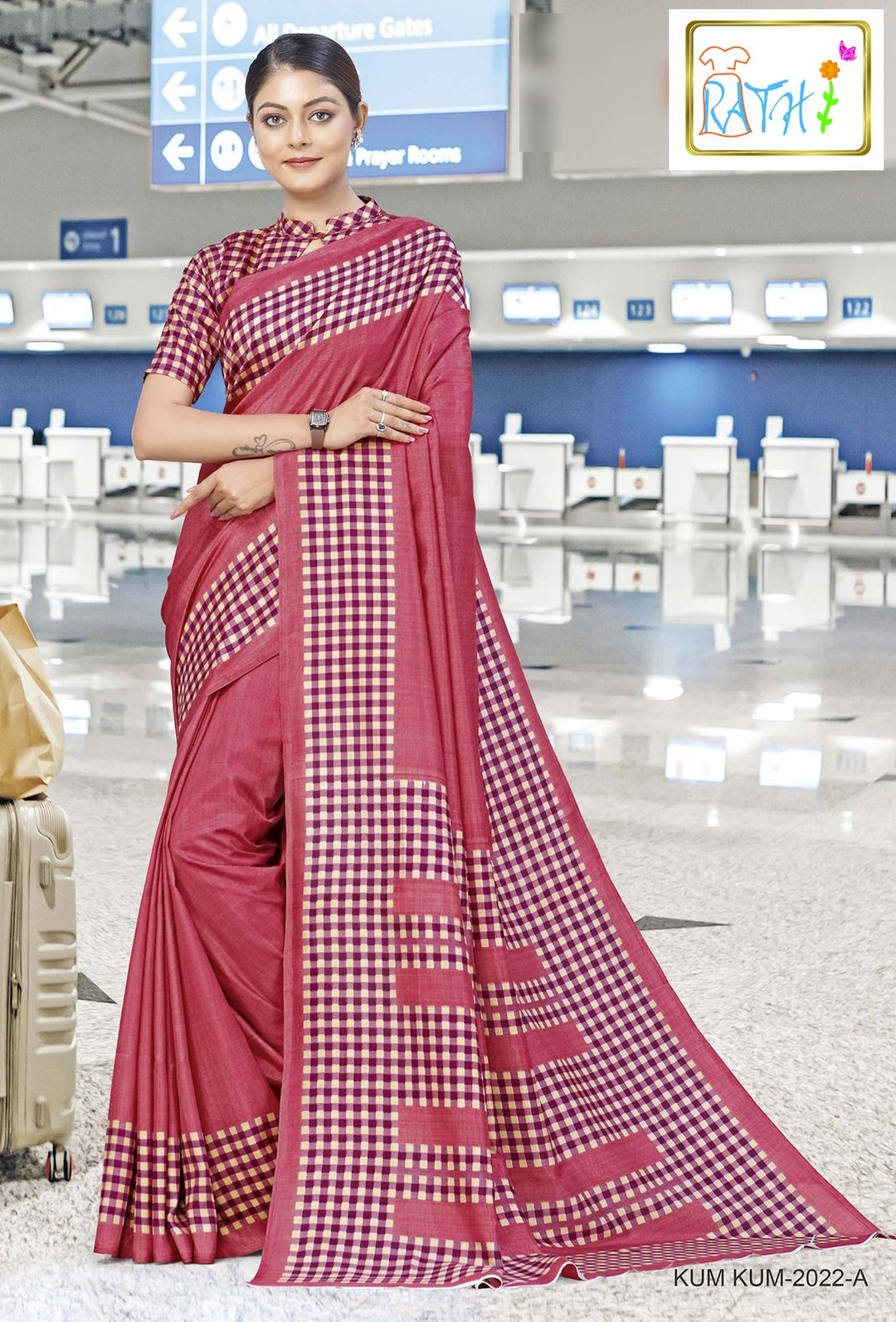 Rathi Silks — Kadambari uniform saree, berry pink gingham