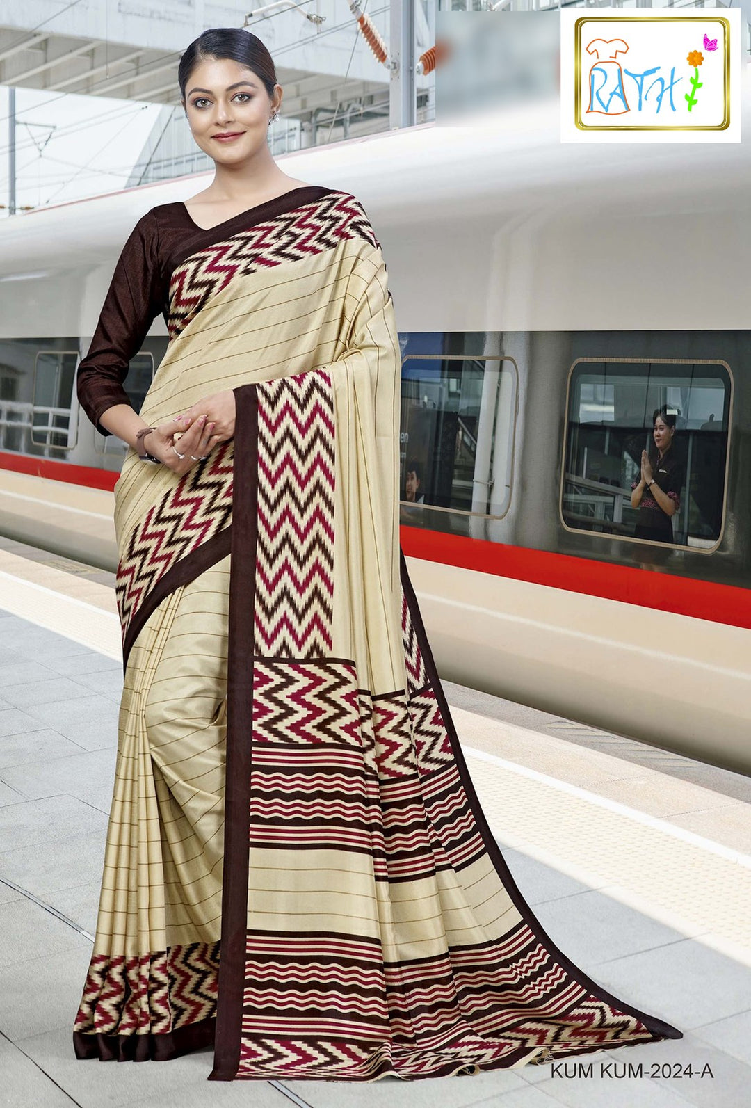 Rathi Silks — Saraswathi uniform saree, cream with brown chevron