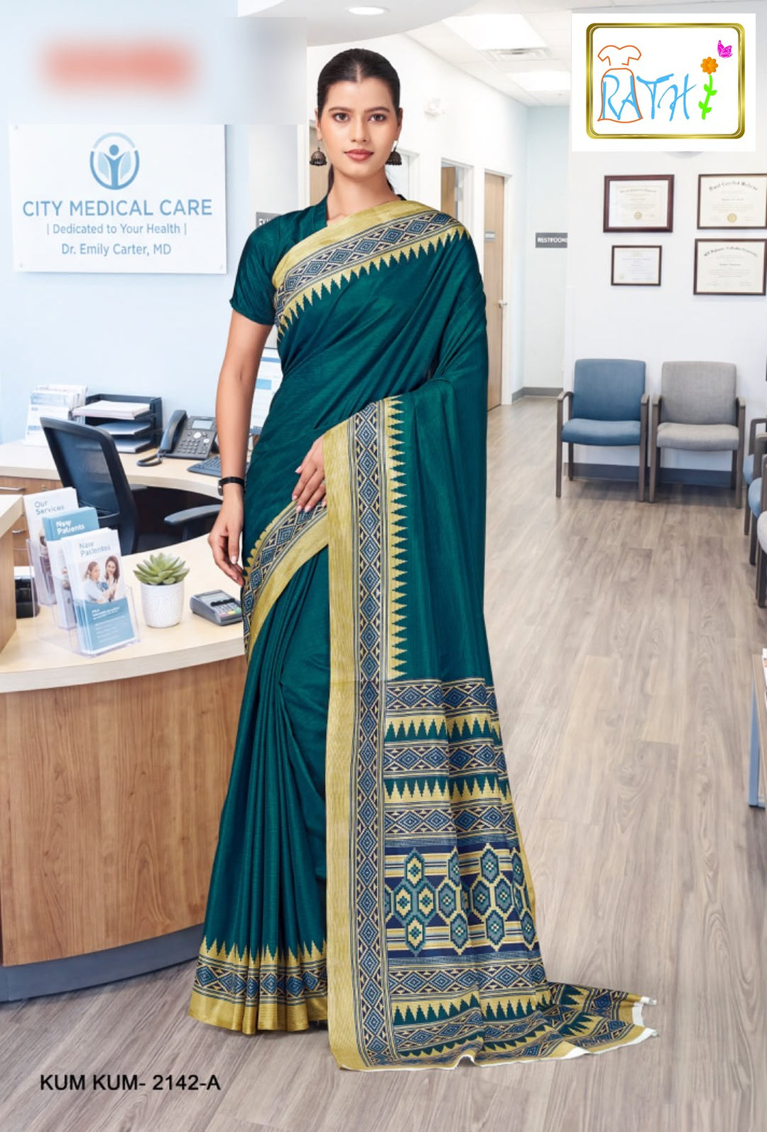 Meenakshi — peacock teal uniform saree with gold border, Rathi Silks
