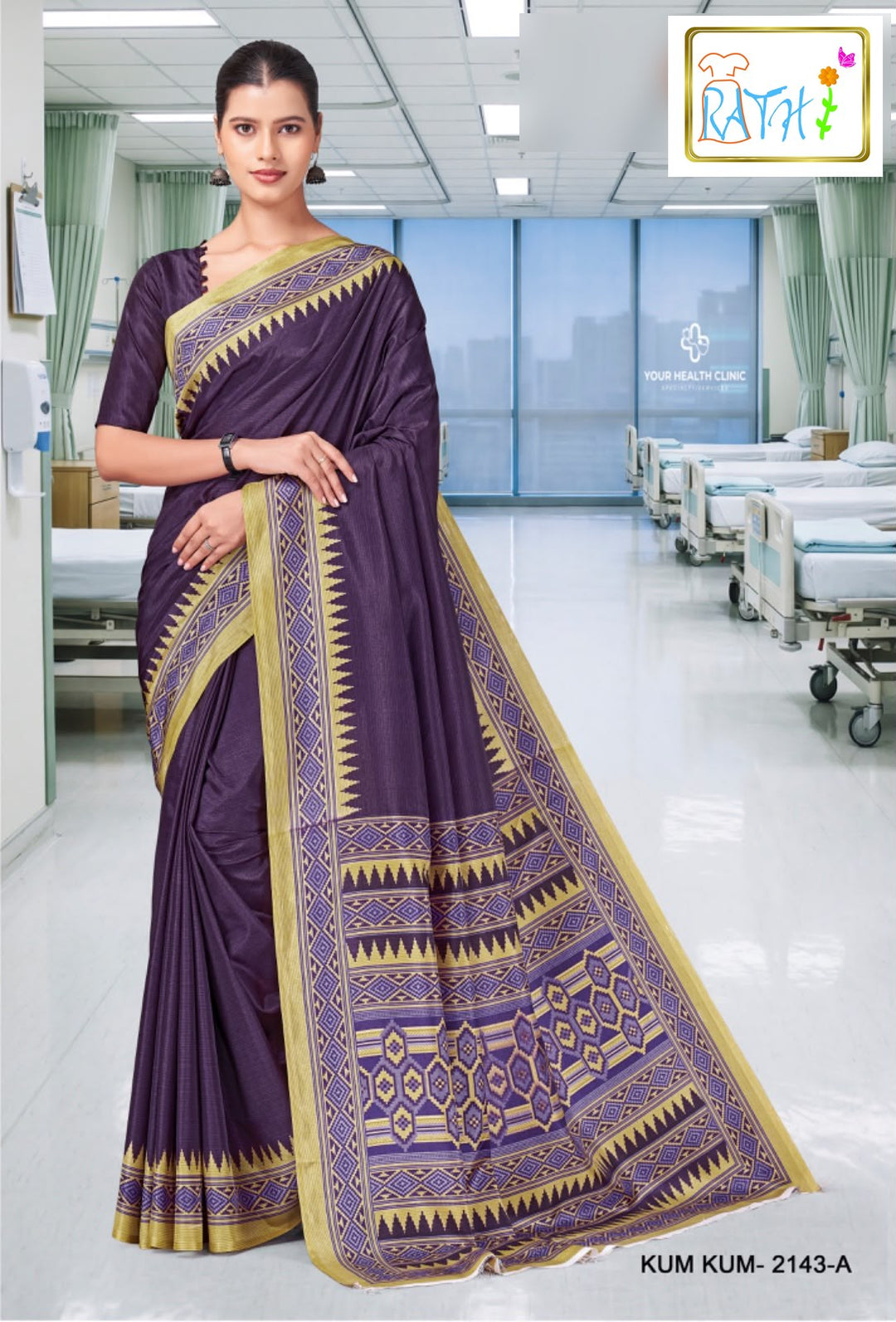 Rajeswari — purple uniform saree with gold border, Rathi Silks