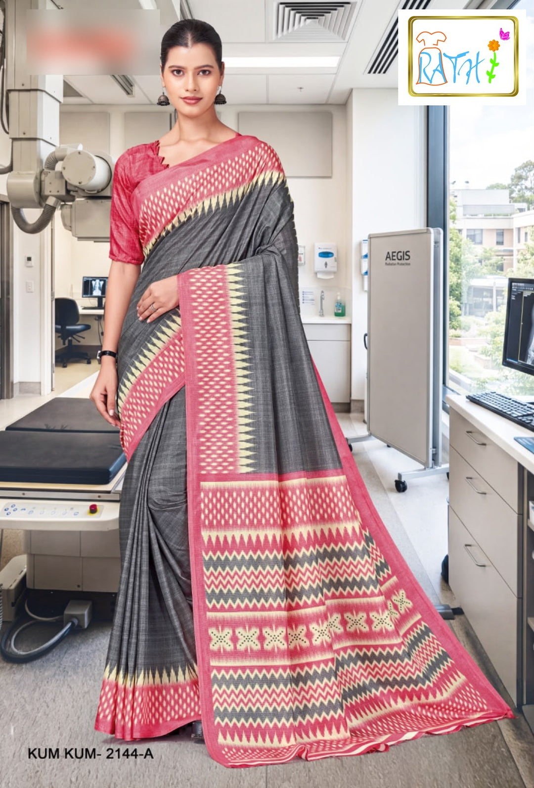 Chandrika — grey uniform saree with rose pink border, Rathi Silks