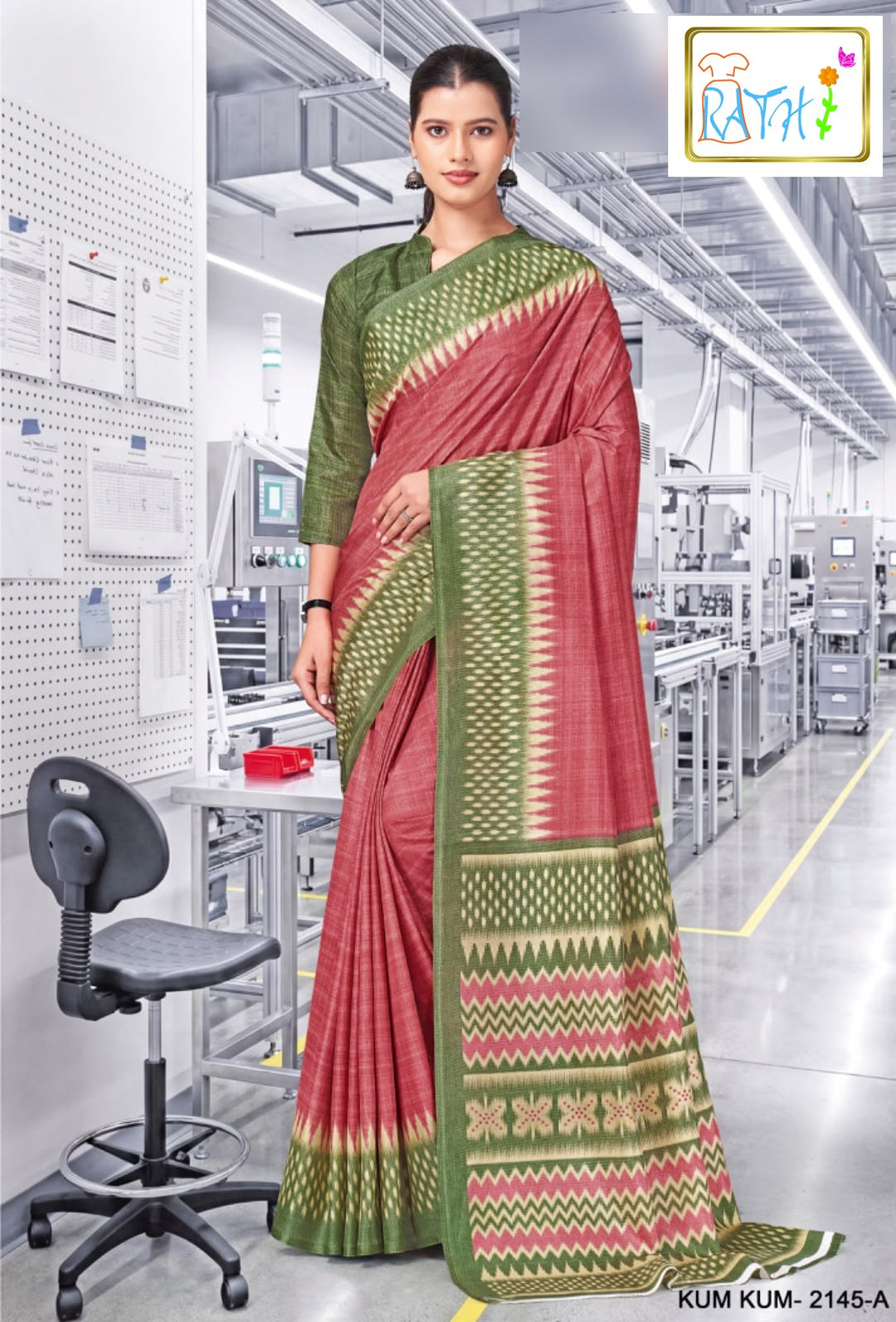 Kalyani — brick red uniform saree with mehendi green border, Rathi Silks