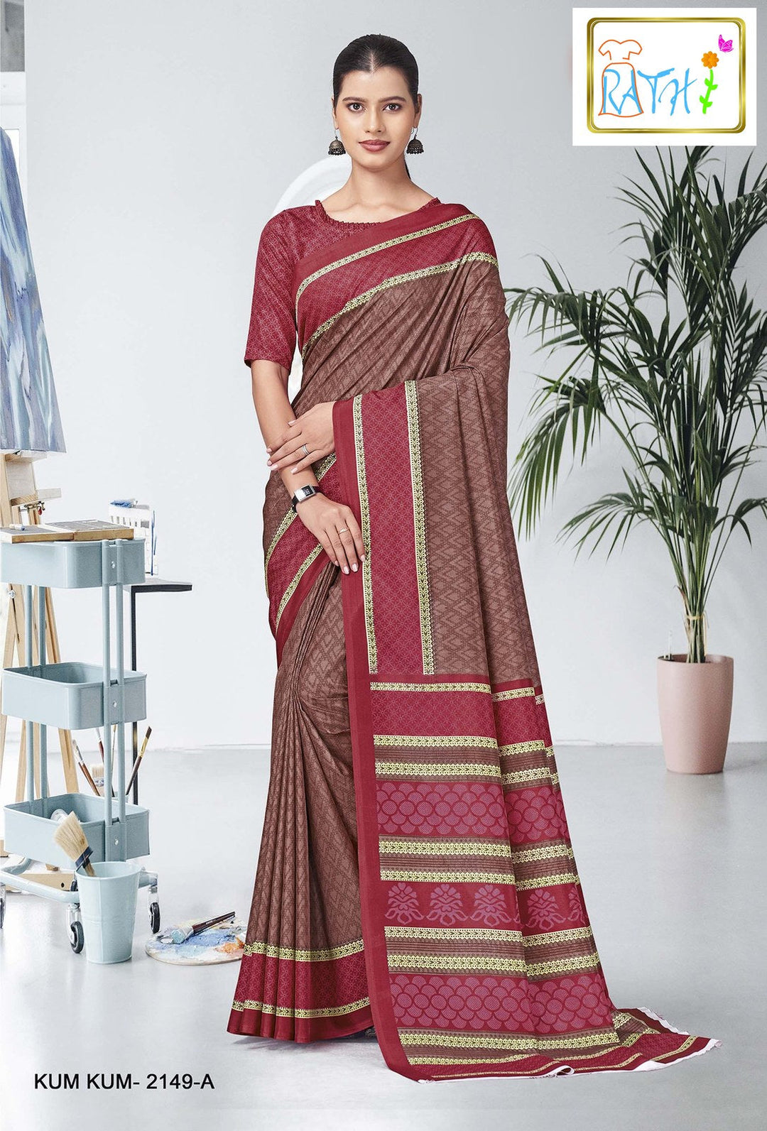 Rathi Silks — Sowmya uniform saree, brown with maroon border