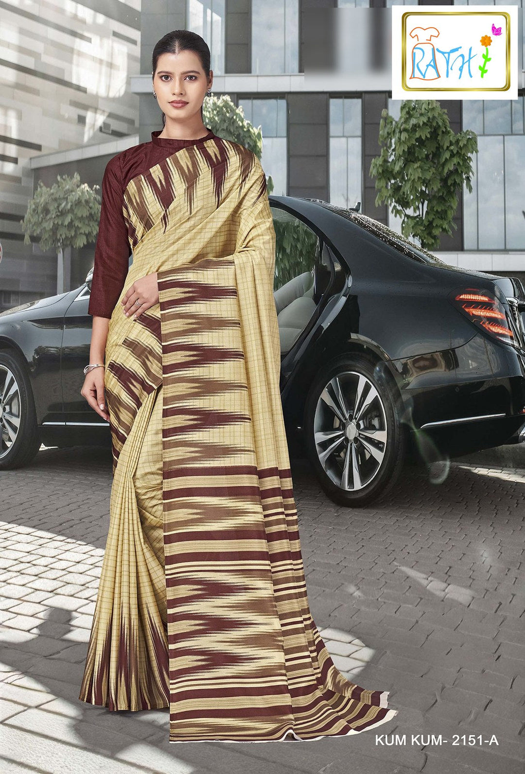 Rathi Silks — Charulatha uniform saree, wheat gold with ikat spikes