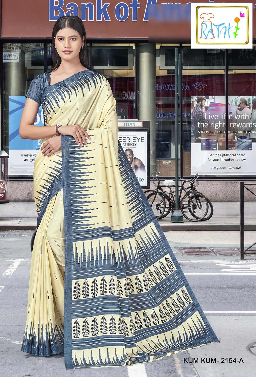 Rathi Silks — Malligai uniform saree, butter cream with steel blue