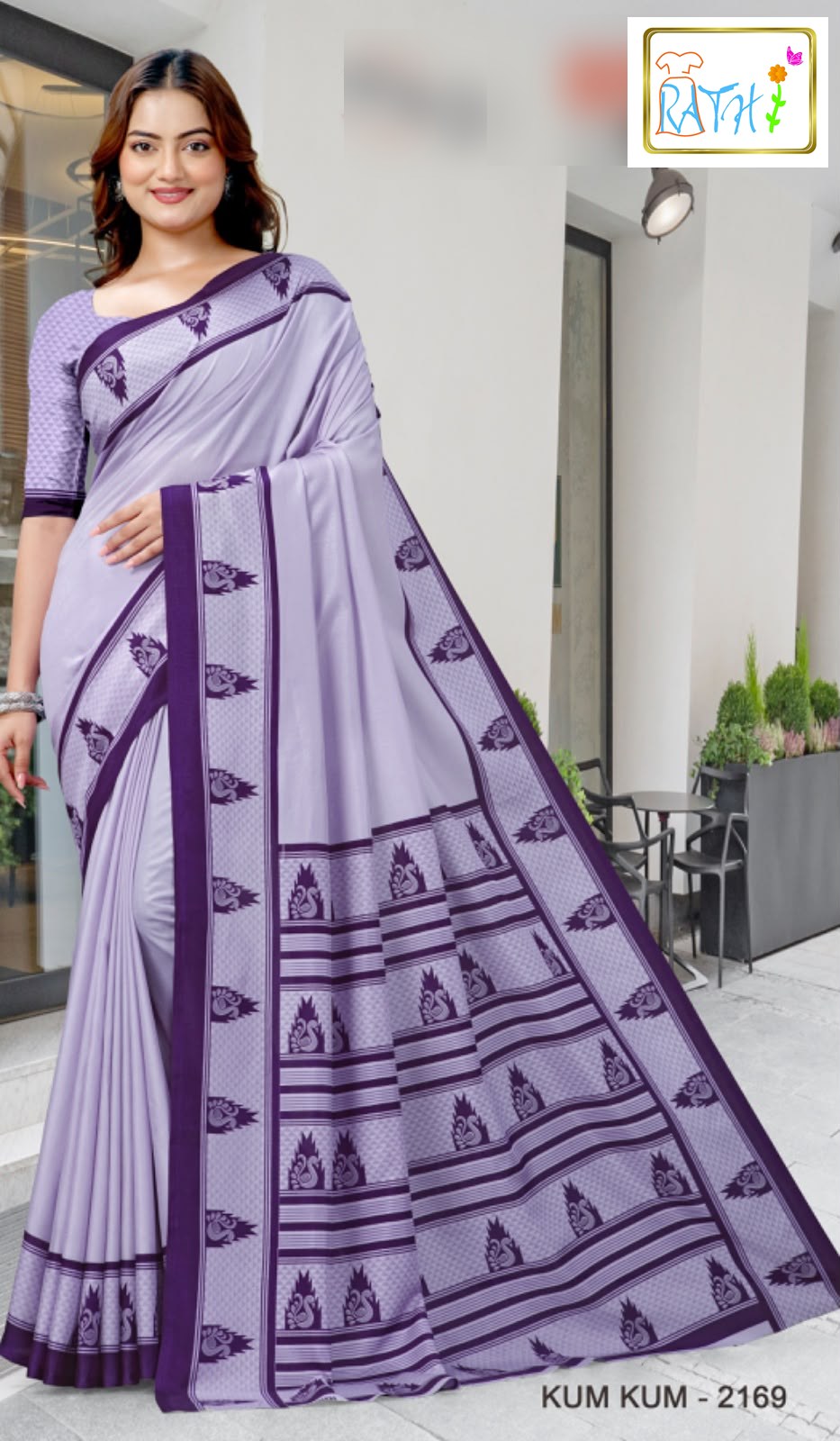 Lalitha — lavender uniform saree with purple border, Rathi Silks