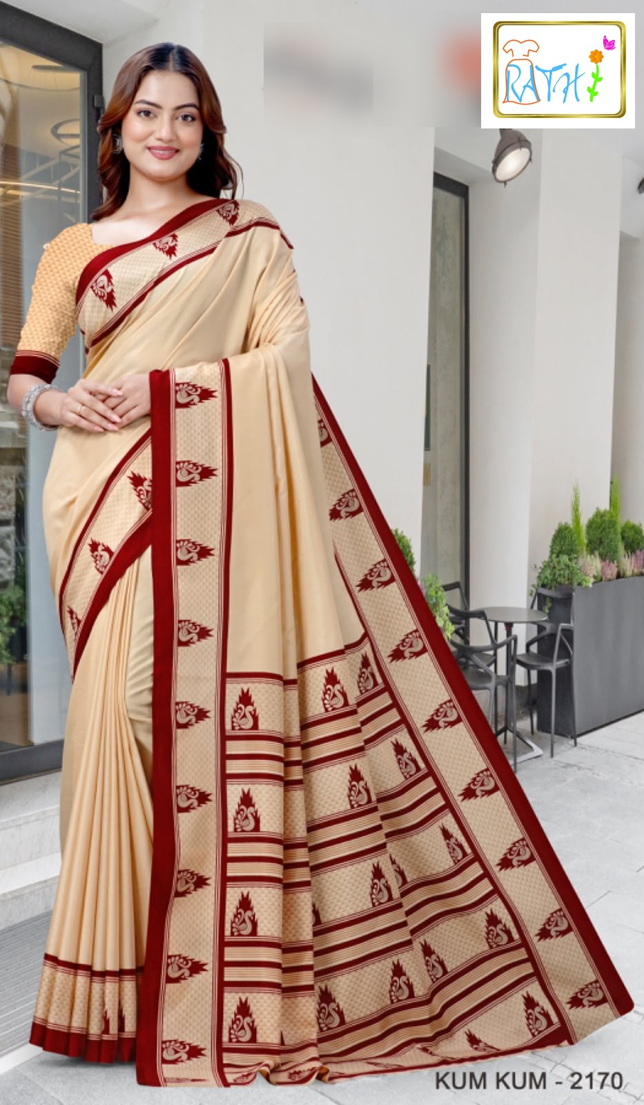 Navaneetha — sandal cream uniform saree with maroon border, Rathi Silks