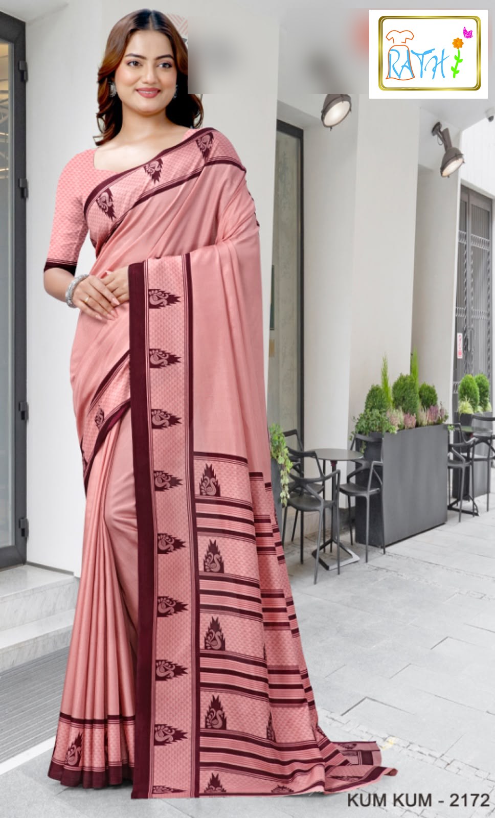 Sandhya — peach uniform saree with maroon border, Rathi Silks