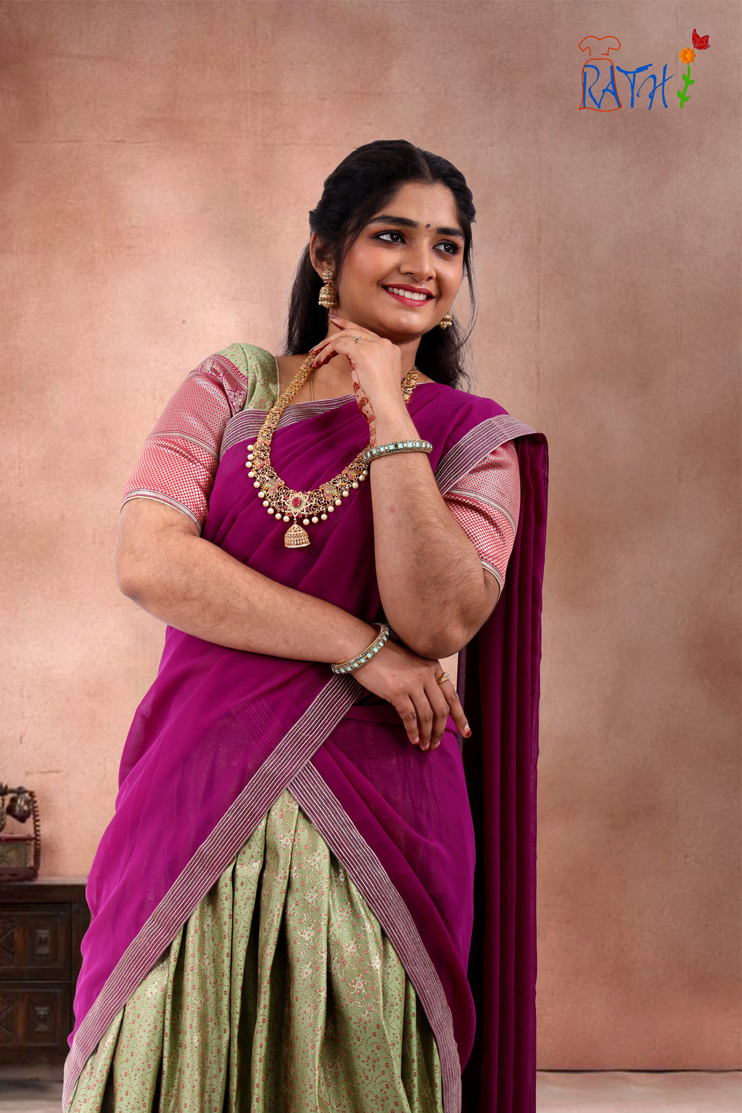 Magenta & Olive Green Half Saree