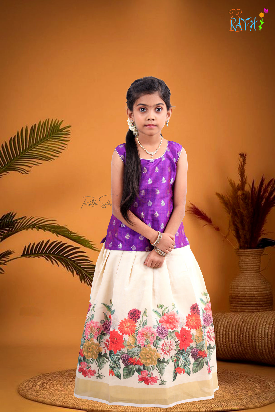 Elegant Purple Brocade Blouse & Ivory Floral Skirt Pavadai Set