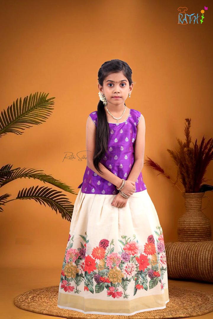 Elegant Purple Brocade Blouse & Ivory Floral Skirt Pavadai Set
