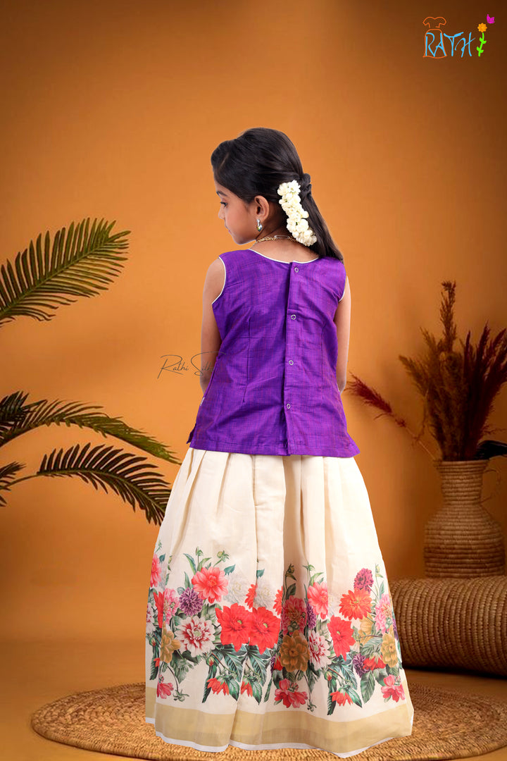 Elegant Purple Brocade Blouse & Ivory Floral Skirt Pavadai Set