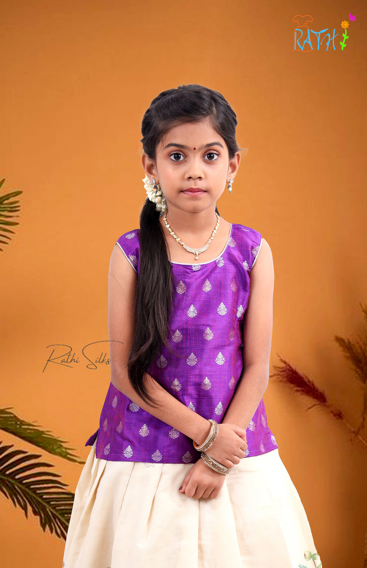 Elegant Purple Brocade Blouse & Ivory Floral Skirt Pavadai Set