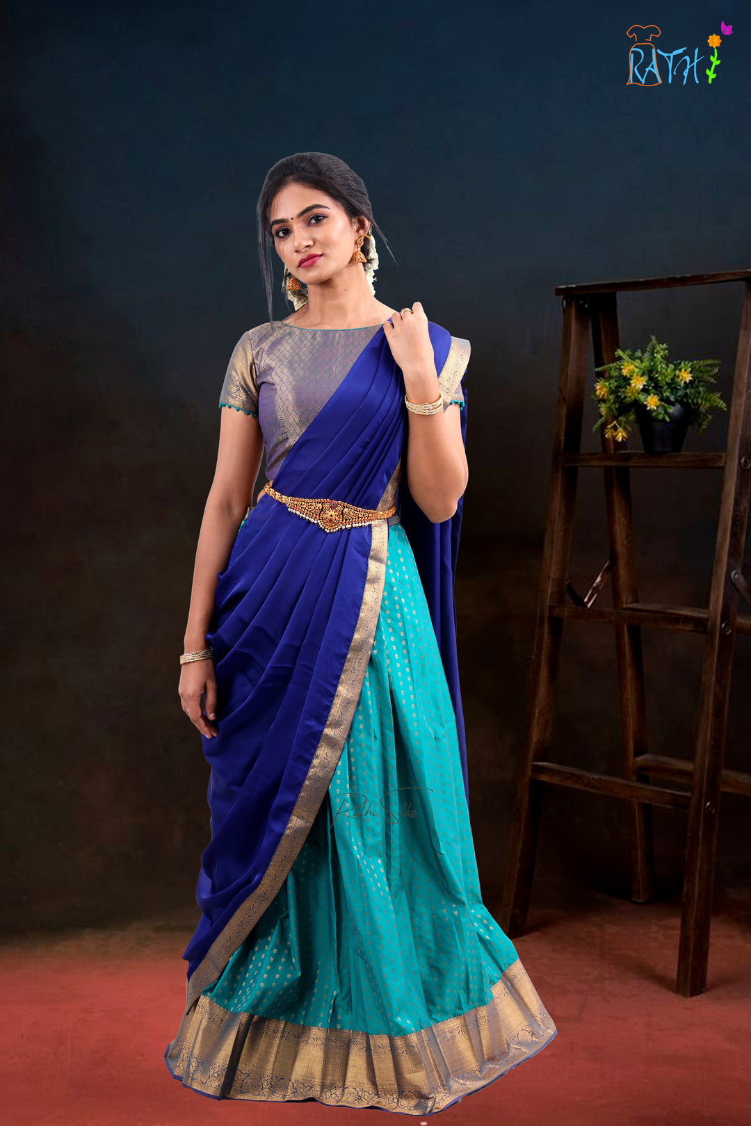 Royal Blue & Aqua Green Half Saree